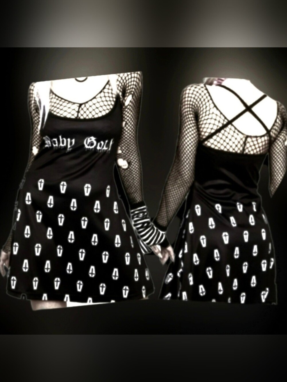 Too fast blk white coffins crosses baby goth graphic strappy skater dress XL NWT